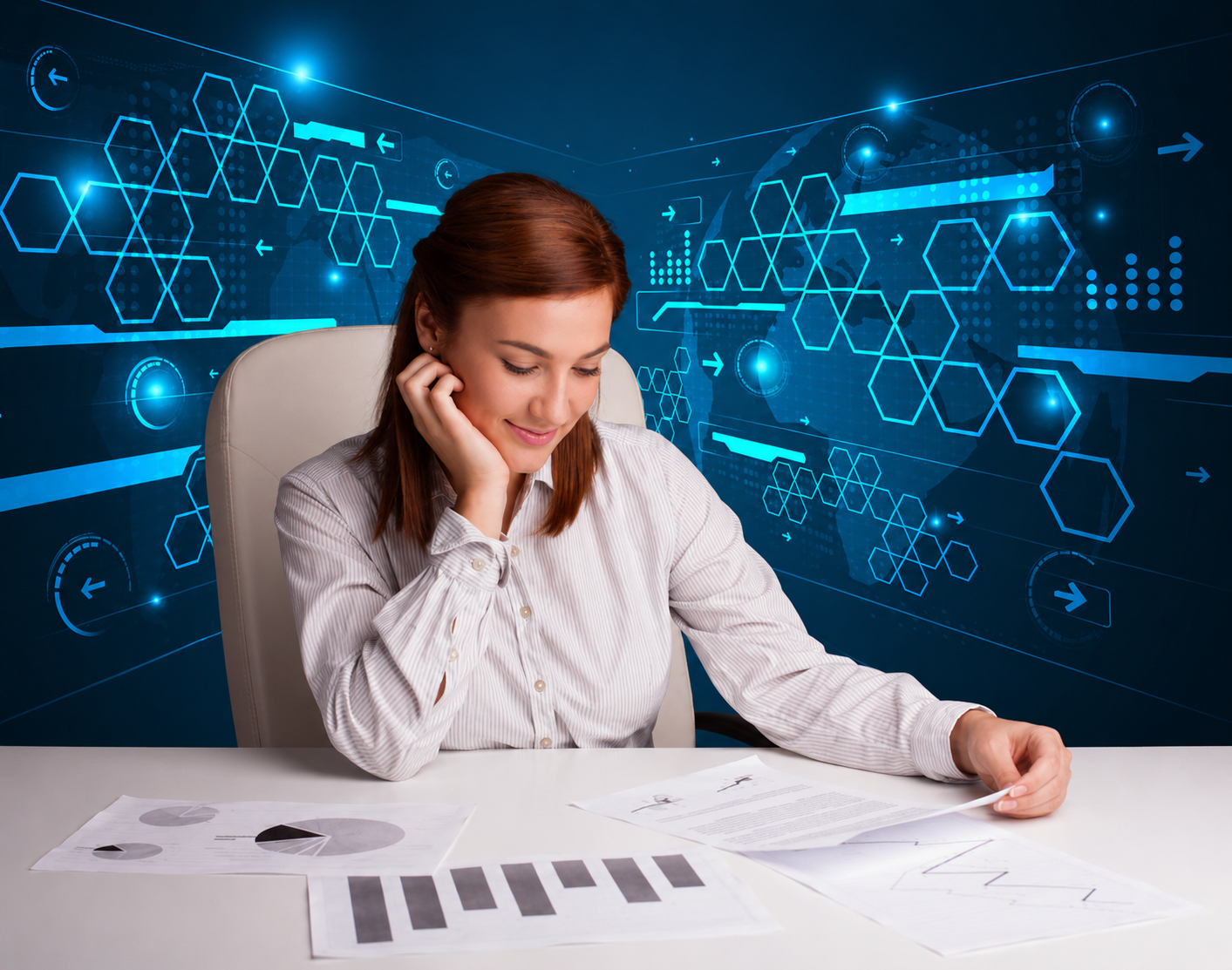 Business owner reviewing financial analytics and charts