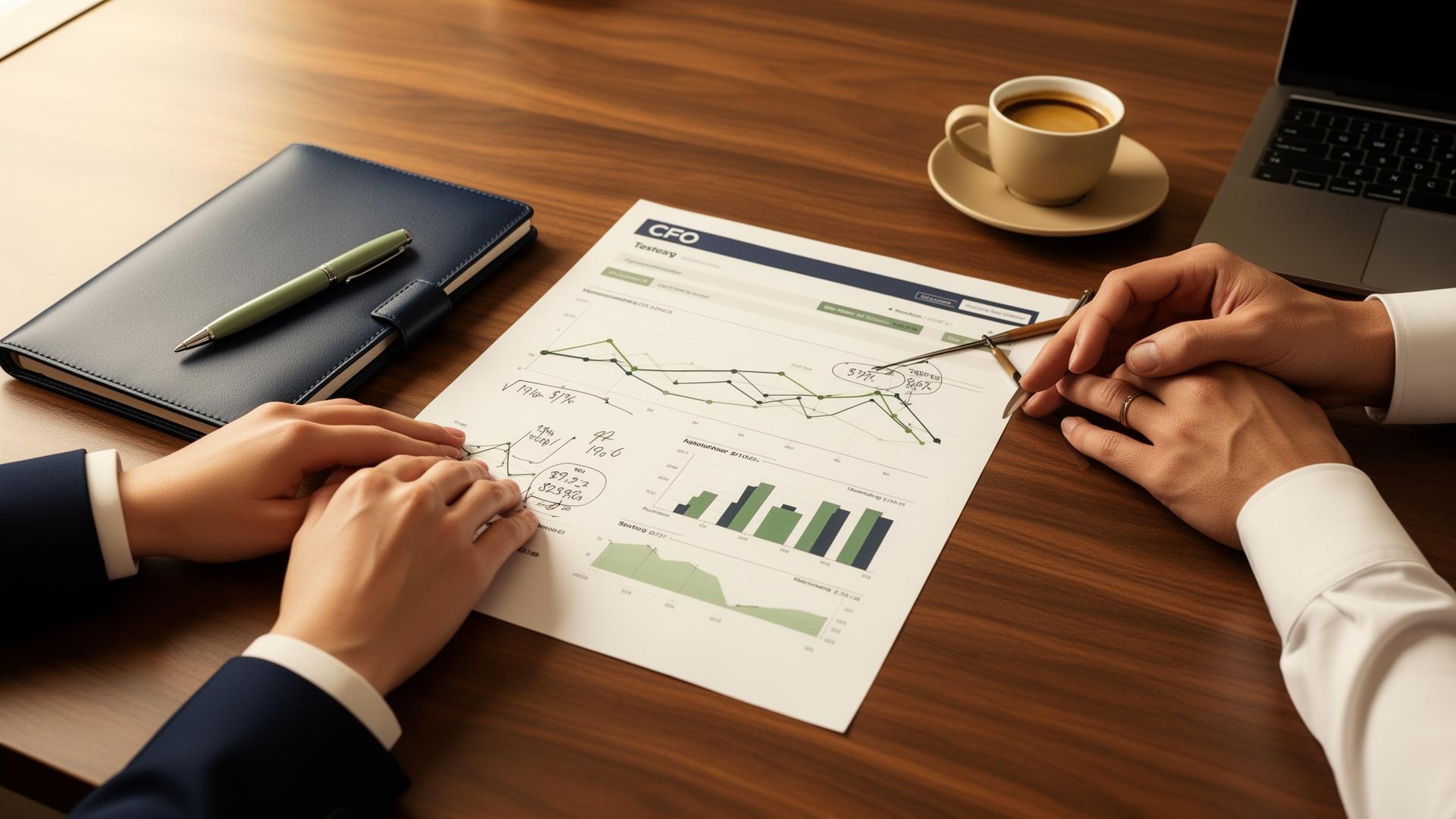 CFO advisory desk with laptop and notebook