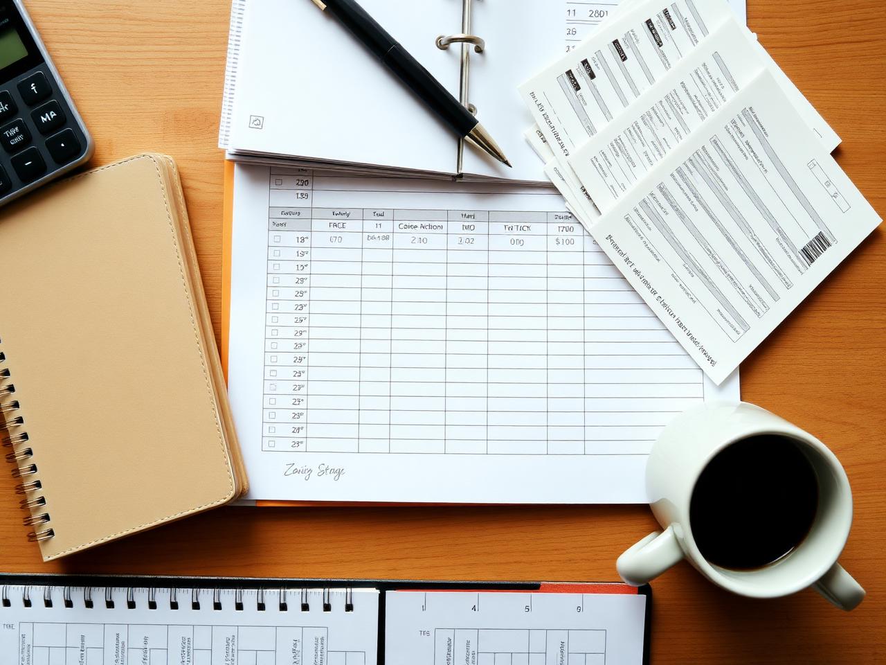 Organized ledger, calculator, and notebook on a desk
