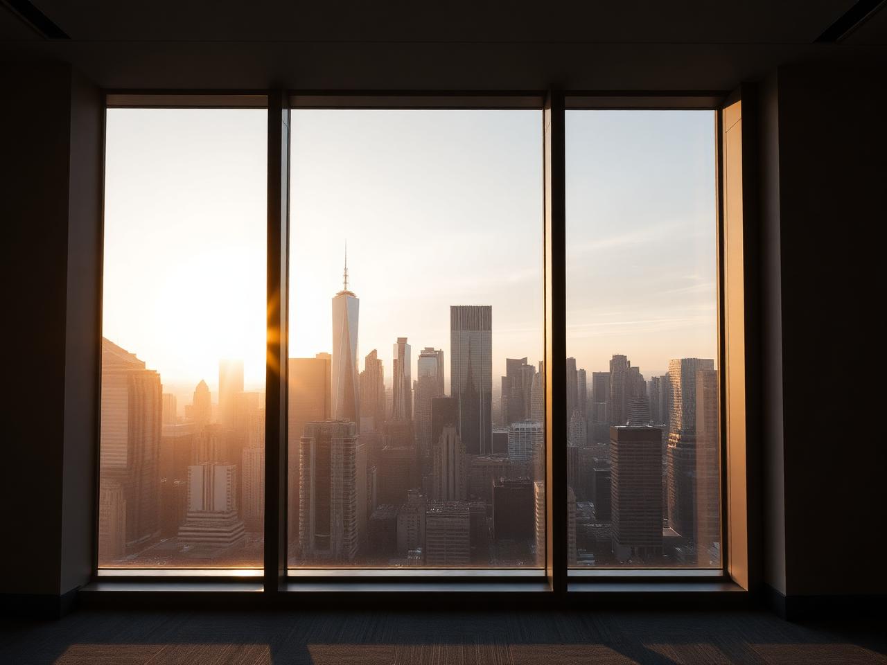 Modern office window with city skyline at golden hour