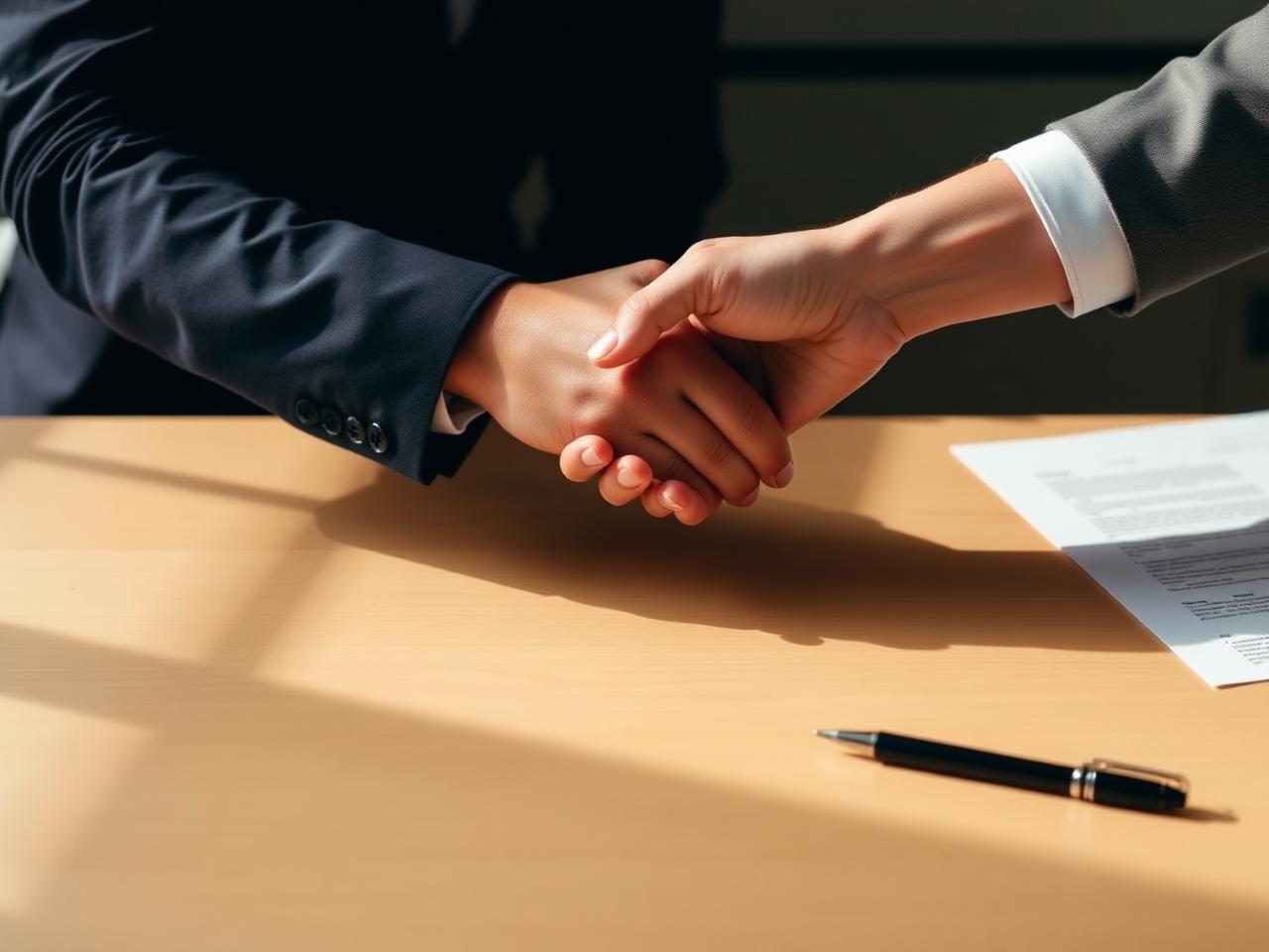 Hands shaking across a desk after a meeting