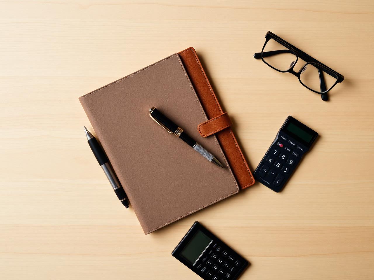 Leather notebook, fountain pen, calculator and glasses on a desk
